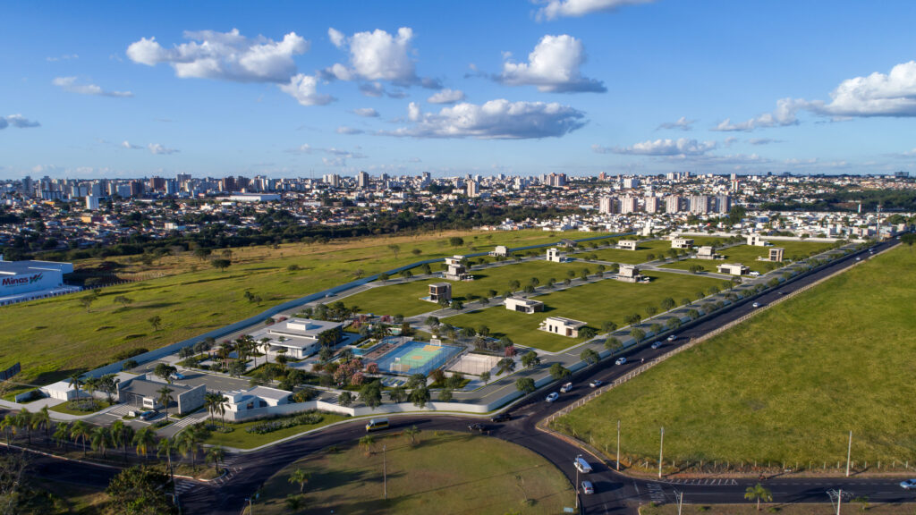 Projeção aérea do Vila Real Exclusive, breve lançamento da GSP Loteamentos em Uberlândia/MG.